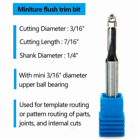 Precision Carbide Tipped Mini Flush Trim Router Bits With Bearing Guide One Quarter Inch Shank Four Piece Pro Gear Set For Woodworkers showing a mini flush trim bit with detailed measurements.