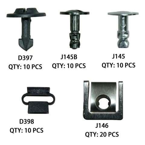 60 Piece Engine Undertray Clips Kit For Audi And VW, various metal and plastic screws and bolts, labeled quantities, top view