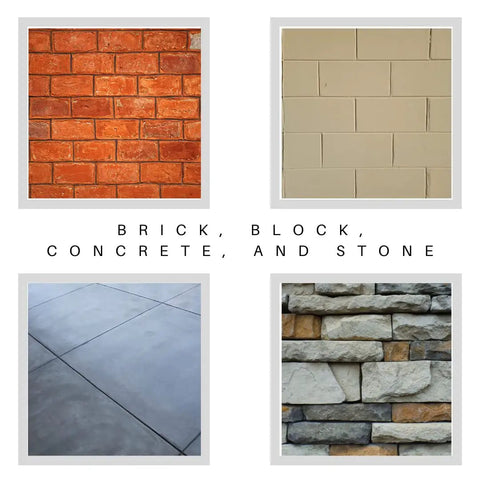 Brick, block, concrete, and stone surfaces suitable for use with One Hundred Pack Diamond Tip Concrete Screws One Quarter Inch By One And Three Quarters Inch Hex Head With Drill Bit Included For Masonry Brick And Block Anchoring Indoors Or Outdoors Heavy Duty Blue Coated Rust Resistant