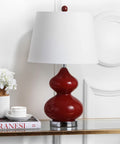 Red Double Gourd Glass Table Lamps Set Of 2 24 Inch Tall With White Cotton Shades Modern Contemporary Home Office Bedroom Living Room Lighting LED Bulbs Included Perfect For Nightstand And Desk, featuring one lamp with white cotton shade on a shelf.