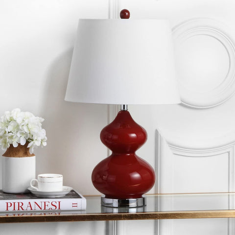 Red Double Gourd Glass Table Lamps Set Of 2 24 Inch Tall With White Cotton Shades Modern Contemporary Home Office Bedroom Living Room Lighting LED Bulbs Included Perfect For Nightstand And Desk, featuring one lamp with white cotton shade on a shelf.