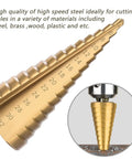Close-up of 3 Piece Straight Grooved Step Drill Bit Set With Hex Shank HSS Titanium Coated for metal, wood, plastic cutting.