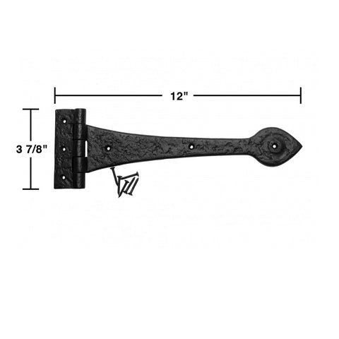 12 Inch Spade Tip Black Wrought Iron Strap Hinges For Gates And Doors, Heavy Duty Indoor Outdoor Hardware Pack Of 6