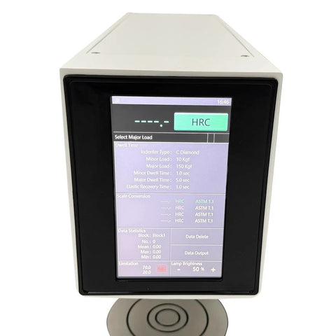 Knockout Precision Digital Rockwell Hardness Tester With Top Shelf Touch Screen LCD displaying major load options for shop tests.