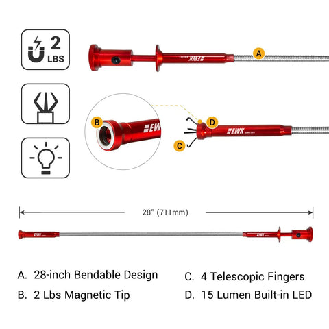 Magnetic Flexible Claw Grabber Go To Pick Up Tool With Led Light 28 Inch Reach Bendable Four Finger Retrieval Gadget For Reaching Tight Spots And Retrieving Small Parts Like Screws Nuts And Debris