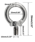 Hella Solid M10 Lifting Eye Bolts, 304 Stainless Steel Six Pack, showing dimensions and details for rigging.