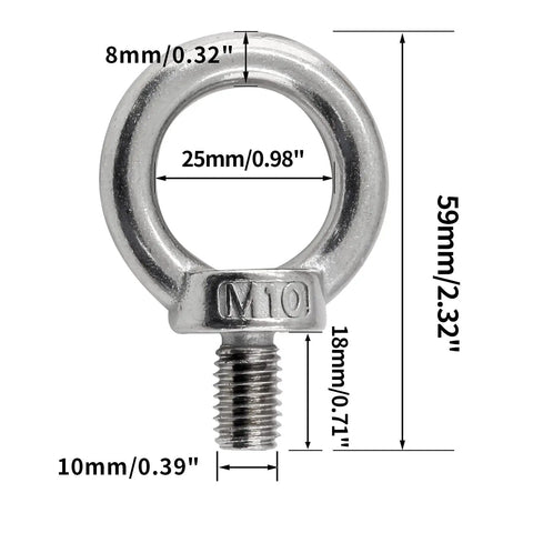 Hella Solid M10 Lifting Eye Bolts, 304 Stainless Steel Six Pack, showing dimensions and details for rigging.
