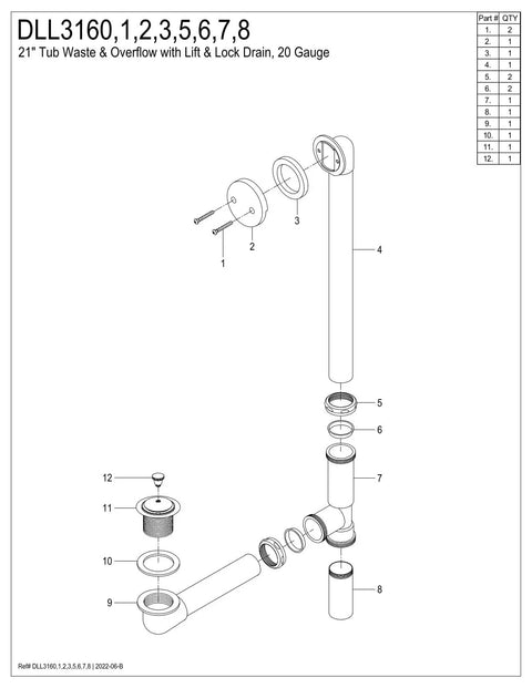 Exploded diagram of Made To Match Tub Waste And Overflow Lift And Turn Drain In Brushed Brass, 20-gauge, 1-1/2 in fit components.