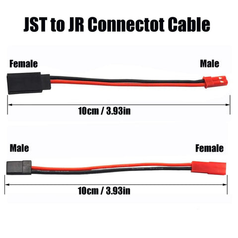 JST To JR Servo Cables Pack 5 Pairs 10cm 20AWG Silicone RC Wiring showing male to female connectors and 10cm length.