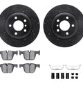 Rear brake disc and pad kit: 2 black rotors, 4 gray pads, mounting hardware for BMW 3-Series (330/328).