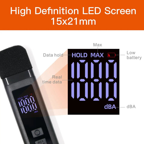 Pocket Decibel Meter With LCD Display, Max Data Hold And Battery Indicator, Reads 30 To 130 dBA, Rechargeable SPL Noise Monitor For Home, Office, Or Noisy Neighbors, Handy Sound Level Meter For Quick Real Time Readings, close-up LCD screen