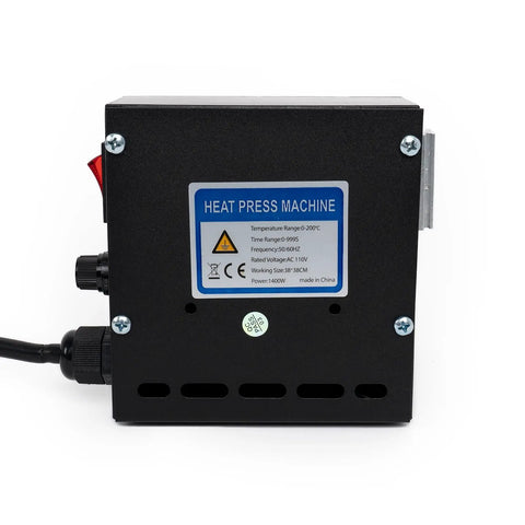 Back view of 1400W Heat Press Powerhouse With K Type Temperature Controller And LED Time Display showing specifications label.