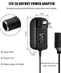 Heavy Duty AC To DC Power Converter Plug And Chug Adapter Hooks Directly In Car Cigarette Lighter Socket Dropping Solid Amps For Trunk Fans And Device Mods Up To 24 Watts Black power adapter with 35-inch cord and socket.