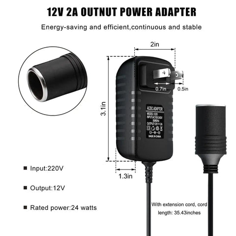 Heavy Duty AC To DC Power Converter Plug And Chug Adapter Hooks Directly In Car Cigarette Lighter Socket Dropping Solid Amps For Trunk Fans And Device Mods Up To 24 Watts Black power adapter with 35-inch cord and socket.