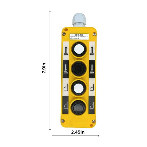 Waterproof Industrial 4 Button Pushbutton Switch For Hoist Crane, front view with dimensions.