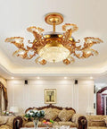 Luxury European Ceiling Fan Light With Remote Control And Invisible Blade Fan Chandelier In Trace Gold Finish Boasting 8 E27 Bulbs And 42 Inch Size For Epic Vibe, showcased in an elegant living room.