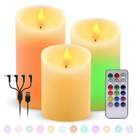 Rechargeable Flickering LED Candles With Remote Control Flameless Pillar Candles With Built In Battery Real Wax Look in RGB And Warm White Cozy For Home Decor Christmas And Party Ambiance; Three candles with remote and charger visible