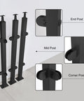 Top Shelf Black Glass Railing Post For Outdoor Stairs Decks Built Like A Tank Stainless Steel Clamps Grip Tight Without Drilling Five Feet Tall Balustrade Hardware showing end, mid, and corner posts.