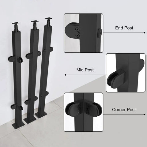 Heavy Duty Square Glass Railing Post In Sleek Black Finish Built Like A Tank Using Rust Resistant Stainless Steel corner and mid posts.