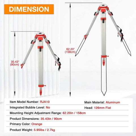 Dimensions of Beefy Aluminum Surveying Tripod with 62.20in height, detailed product specifications and orange accents are shown.
