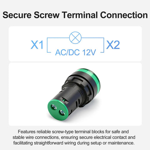 22mm LED Indicator Light for Industrial Machinery, 12V AC DC Pilot Signal Lamp, Green Screw Terminal
