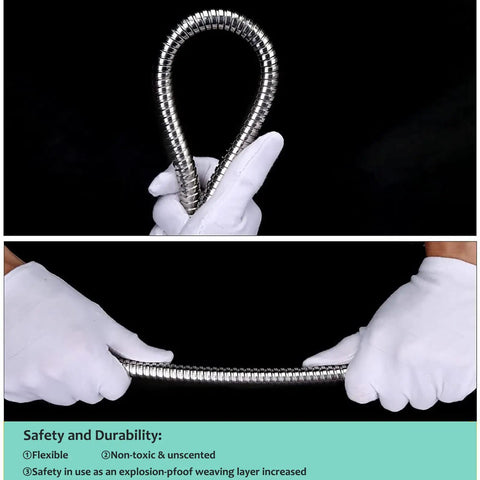 Extra Long 10 Ft Shower Hose In 304 Stainless Steel Handheld Replacement shown flexible and kink-free in gloved hands.