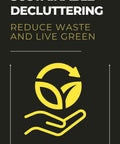 Book cover titled 'Sustainable Decluttering' with a hand-cradle under a recycling icon, promoting green living.