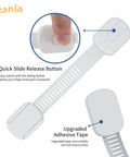 12-Pack No-Drill Child Safety Cabinet Locks with adjustable adhesive straps showing quick slide release button and strong adhesive