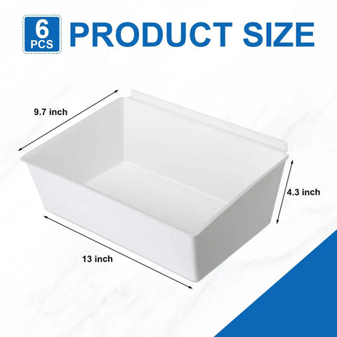 Image showing dimensions of Six Pack Of Large Slatwall Storage Bins White PVC Slatwall Containers Stackable Bins 13 x 9.7 x 4.3 Inches