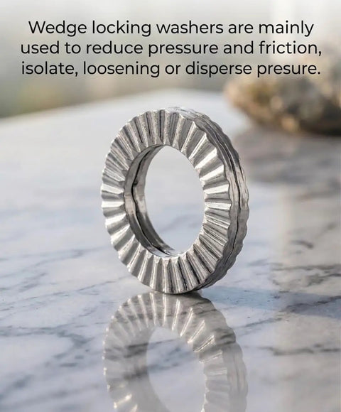 Heavy Duty M6 Wedge Lock Washer Made From Top Shelf 304 Stainless Steel Resting On Marble Surface, 6mm Size.