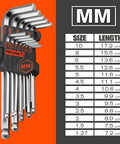 Industrial Grade 27 Piece Hex Key Allen Wrench Set In S2 Tool Steel Assorted Colors Premium Metric And SAE Tools For Home Garage And Pro Projects Built For Durability, shown with metric sizes chart