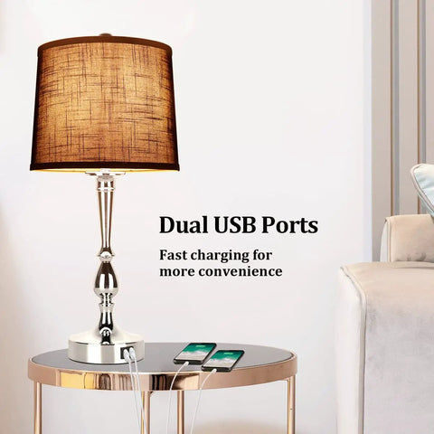 Must Have Modern Bedside Lamps Set Of 2 24.8 Inch Tall With Dual USB Ports 3 Way Touch Dimming Nightstand Lamps silver finish