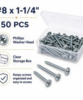 Washer Head Screws No 8 X 1-1/4 In 50 Pack with Storage Box, showing Phillips drive screws in a plastic box