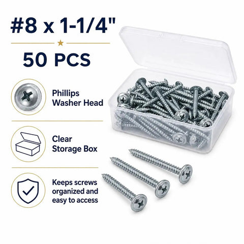 Washer Head Screws No 8 X 1-1/4 In 50 Pack with Storage Box, showing Phillips drive screws in a plastic box