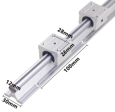 Close-up of Premium SBR12 1200mm Linear Rails Kit with 4 SBR12UU Blocks for CNC machines, showing key dimensions.