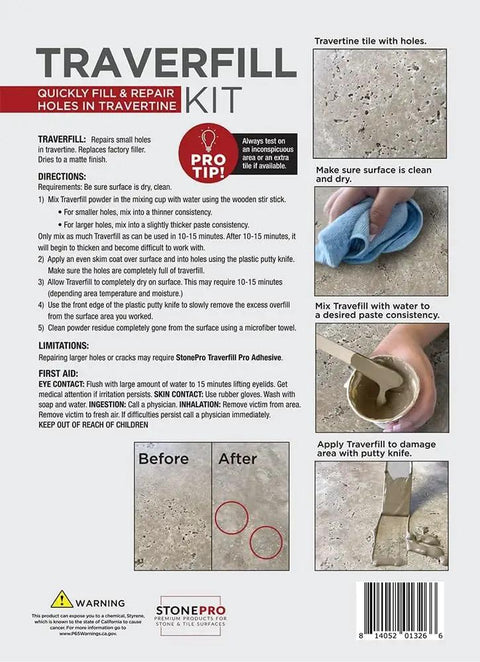 Instruction guide for All In One Travertine And Limestone Tile Repair Kit For Small Holes, DIY Friendly With Quick Dry Time And Custom Color Mixing.