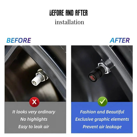 Before and after installation of Valve Stem Caps For Car Tires With Fashionable Patterns Dustproof Water Resistant Tire Air Cap Covers