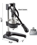 Heavy Duty Manual Citrus Juicer Press For Home Or Commercial Grade Kitchens Durable Cast Iron And Stainless Steel Hand Press Orange Lemon Squeezer Countertop Juicer Extractor Easy To Clean Black front view with measurements