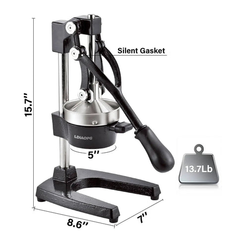 Heavy Duty Manual Citrus Juicer Press For Home Or Commercial Grade Kitchens Durable Cast Iron And Stainless Steel Hand Press Orange Lemon Squeezer Countertop Juicer Extractor Easy To Clean Black front view with measurements