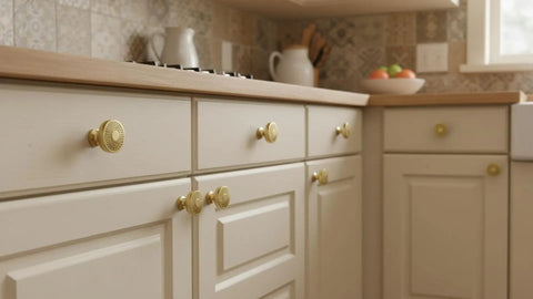 Champagne Bronze Round Cabinet Knobs One Point Four Inch Diameter With Intricate Filigree Pattern For Kitchen Cabinets And Drawer Fronts