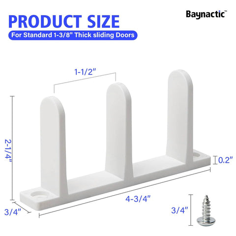 4 Pack Universal Sliding Door Bottom Guide In White ABS Floor Track For One And Three Eighths Inch Thick Closet And Cabinet Doors Includes Mounting Screws And Side Support To Keep Doors Centered And Sliding Smoothly with dimensions and screw visible.