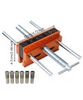 Vertical Hole Opener Dowel Jig Drill Guide Clamp Alloy Body Extended Model showing precise measurements and accessories.