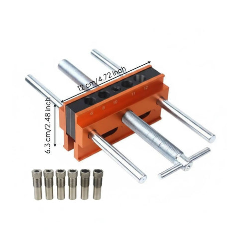 Vertical Hole Opener Dowel Jig Drill Guide Clamp Alloy Body Extended Model showing precise measurements and accessories.