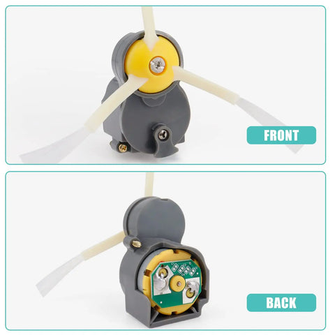 Front and back view of Replacement Side Brush Motor Module Kit With Side Brush And Screwdriver For Roomba 500 600 700 800 900 Series And i3 i7 e5 e6 e7 Models Keeps Hair And Debris Out Of The Motor Easy Drop In Replacement