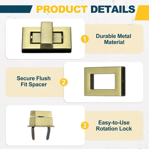 Light Gold Rectangular Twist Lock 2 Pack Purse Closure Hardware Secure Turn Clasp For DIY Handbag And Crossbody Bags product details image