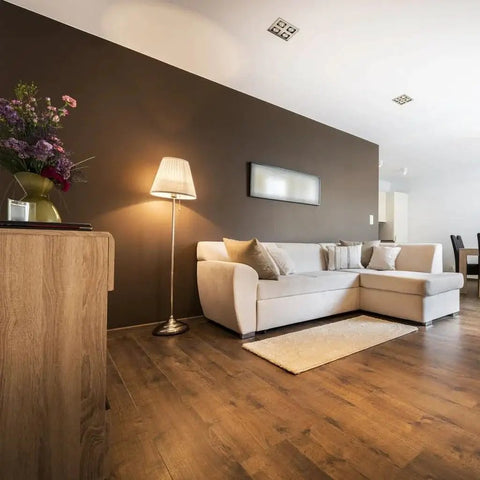 Modern living room with floor lamp using 9W A19 LED Light Bulbs 60W Replacement 2700K Warm White E26 Base Damp Location