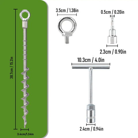 14 Inch Ground Anchors Screw In Aluminum Tent Stakes Rustproof Detachable Stakes dimensions and components shown