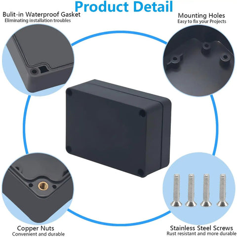 IP67 Waterproof Plastic Project Box Enclosure With Built In Gasket, Black, shown with mounting holes, copper nuts, and gasket details.