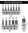 Ultimate 13-Piece Torx Star Bit Socket Set With 1/4 3/8 And 1/2 Inch Drive Sizes Featuring Heavy Duty CR-V And S2 Steel For Cracking Rusty Nuts Easily In Tight Spots On Home Projects And Car Repairs Perfect For Tough Jobs. 13-piece Torx bit socket set, T8-T70, 1/4 3/8 1/2-inch drives