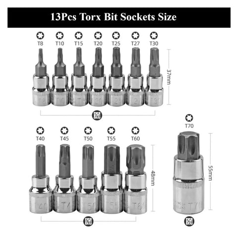 Ultimate 13-Piece Torx Star Bit Socket Set With 1/4 3/8 And 1/2 Inch Drive Sizes Featuring Heavy Duty CR-V And S2 Steel For Cracking Rusty Nuts Easily In Tight Spots On Home Projects And Car Repairs Perfect For Tough Jobs. 13-piece Torx bit socket set, T8-T70, 1/4 3/8 1/2-inch drives